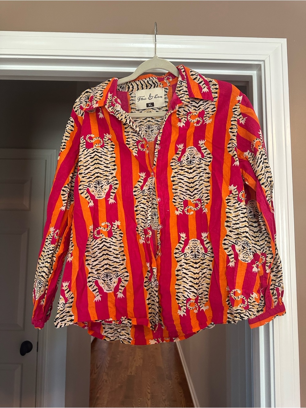 Fox & Hen Tiger Print Button-Up Shirt - Pink & Orange